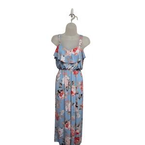 Three Pink Hearts Floral Maxi Dress Ruffle Sun Dress Casual Blue‎ S
